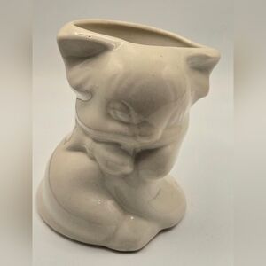 Vintage Cat Kitten W/Bow Small Size White Pottery Planter Vase Collectible Decor